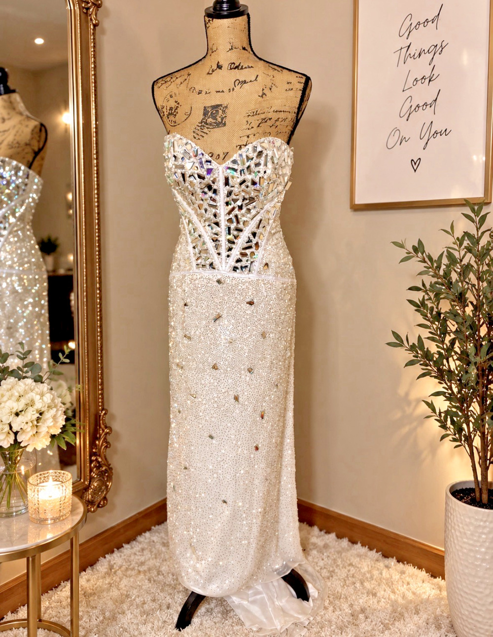 Sherri Hill Prom Dress Size 12 White Sequin Mirror Corset Gown